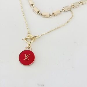 Luxury Double Sided Red/Gold Logo Repurposed Zipper Pull Necklace With Toggle